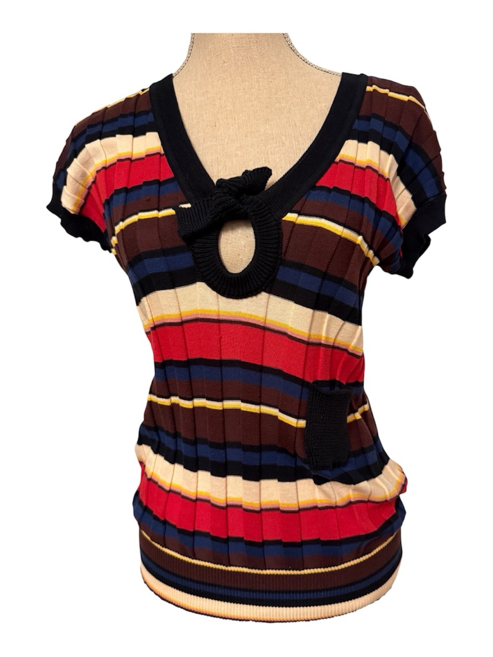 SONIA RYKIEL Striped Knit Tie-Neck Top in Red, blue Brown black size FR 42 US 10
